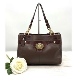 Coach Brown Leather Embossed Snakeskin Trim Tote Shoulder Bag Purse Handbag